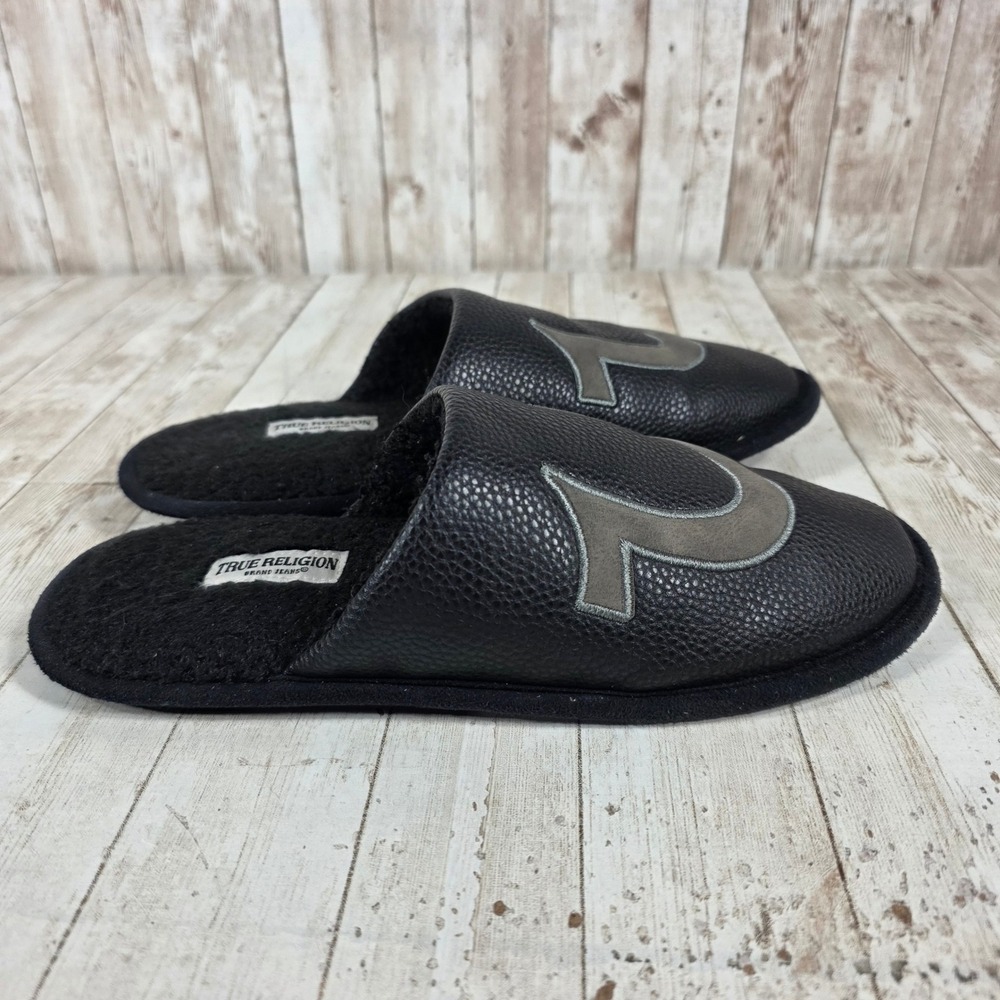 True Religion‎ Men's Slippers Black Logo Comfort House Shoes Size M 9-10
